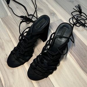 Black lace block heels